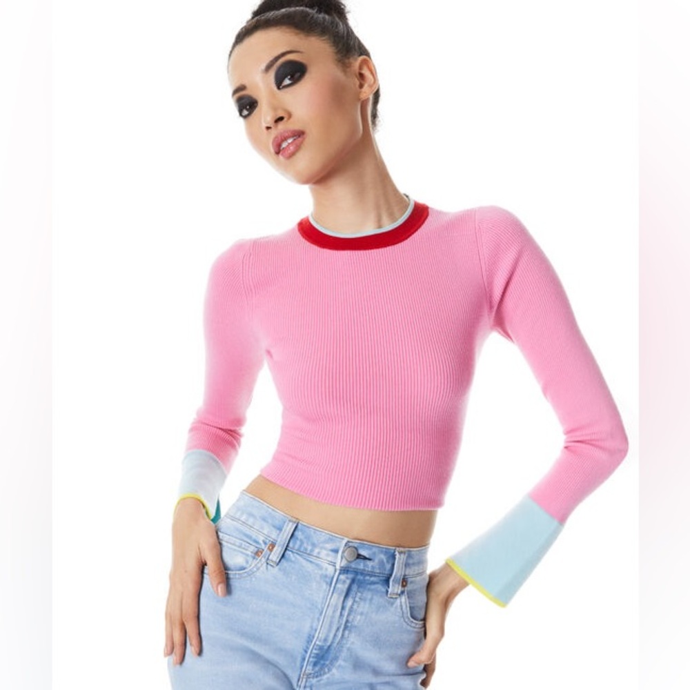Alice + Olivia Westi Pink Crew Neck Ribbed Pullover Sweater
